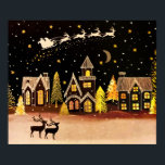 Poster Gold Christmas Village Deer Winter Night<br><div class="desc">La nuit de Noël parfaite avec des rennes,  prendre l'avion et tirer le long de Père Noël et son traîneau. Ci-dessous,  un village attend avec impatience l'arrivée de St. Nick.</div>