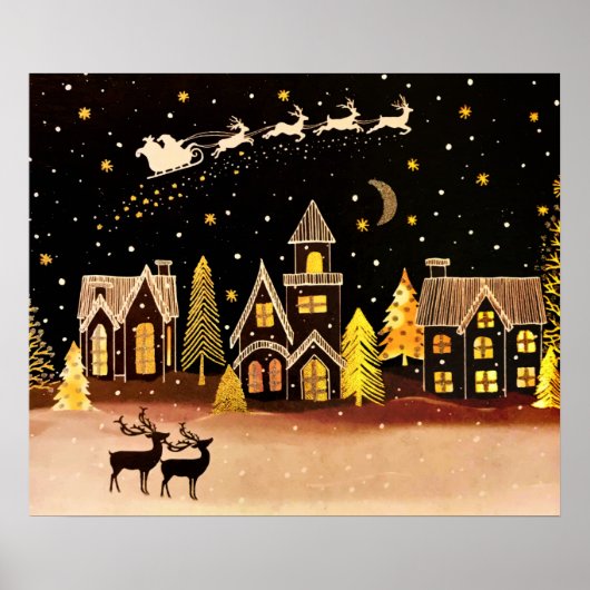 Poster Gold Christmas Village Deer Winter Night (Devant)