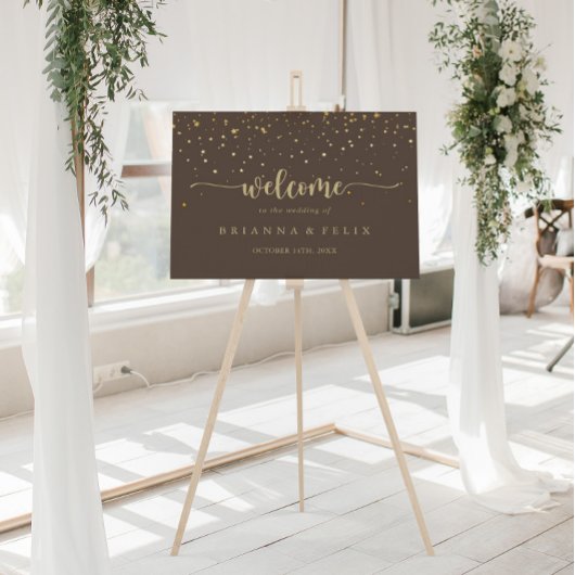 Poster Gold Confetti Calligraphie Mariage Brown Bienvenue