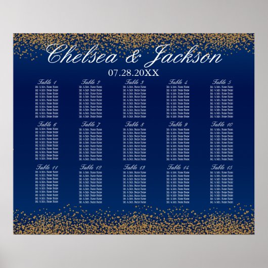 Poster Gold Confetti et bleu marine - 15 Seating Chart (Devant)