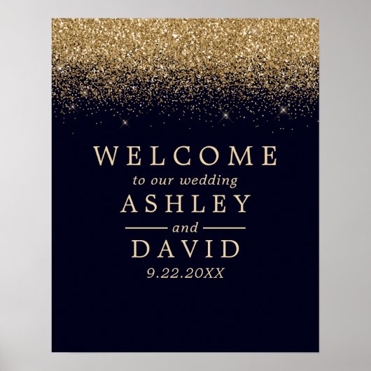 Poster Gold Confetti Marine Blue Chic Mariage Bienvenue (Devant)