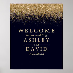 Poster Gold Confetti Navy Blue Chic Wedding Welcome