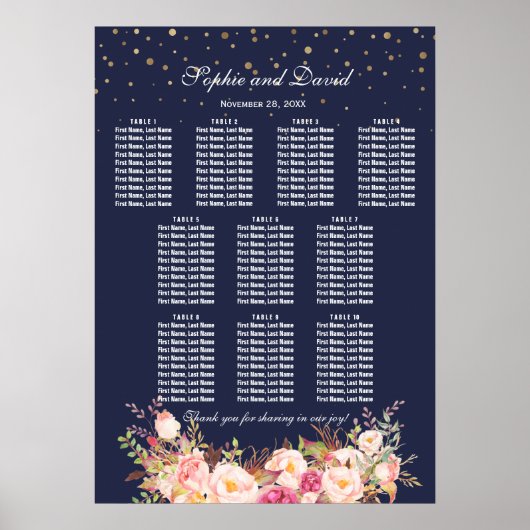 Poster Gold Confetti Pink Flowers Mariage Seating Chart (Devant)
