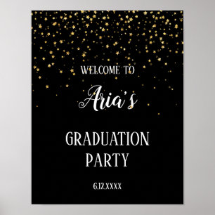 Poster Gold Confetti sur Black Graduation Party Bienvenue