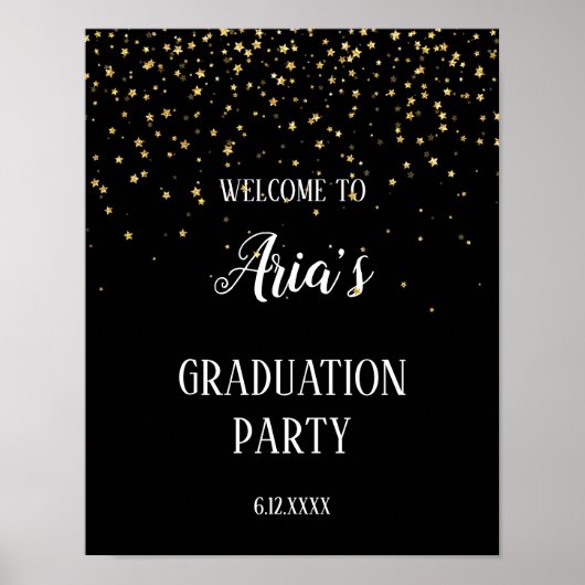 Poster Gold Confetti sur Black Graduation Party Bienvenue (Devant)