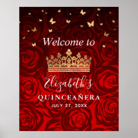 Gold Crown Red Roses Quinceanera Welcome Party