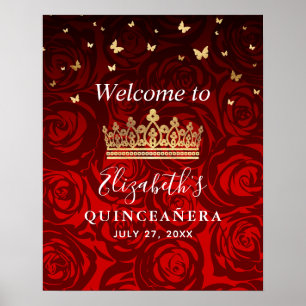 Poster Gold Crown Red Roses Quinceanera Welcome Party