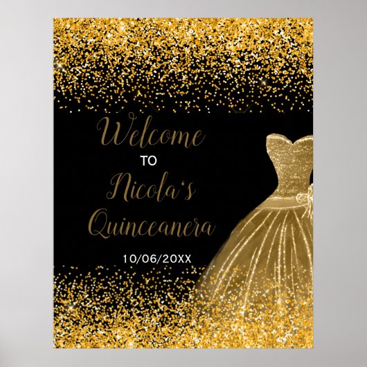 Poster Gold Dress Faux Glitter Quinceanera Welcome (Devant)