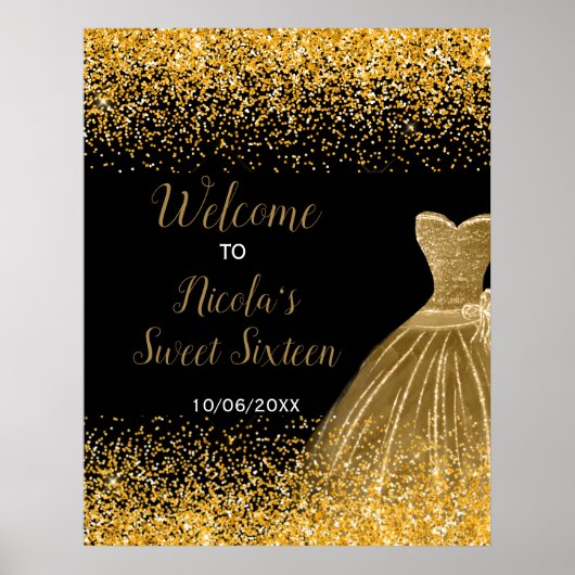 Poster Gold Dress Faux Glitter Sweet 16 Welcome (Devant)