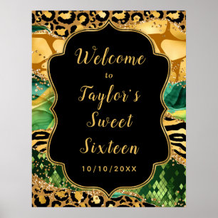 Poster Gold et Green Safari Agate Sweet sixteen Bienvenue