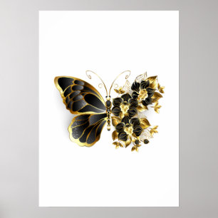 Poster Gold flower Butterfly with Black Orchid