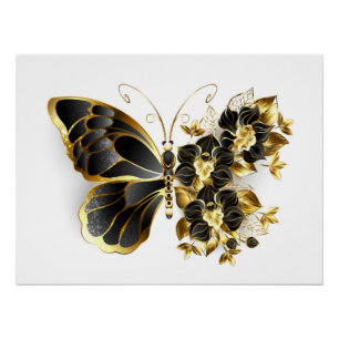 Poster Gold flower Butterfly with Black Orchid