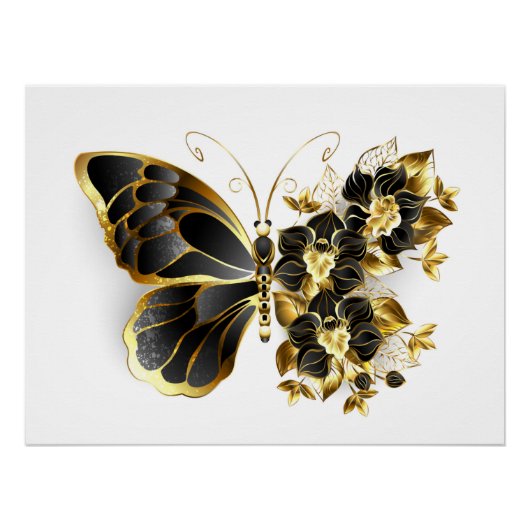 Poster Gold flower Butterfly with Black Orchid (Devant)