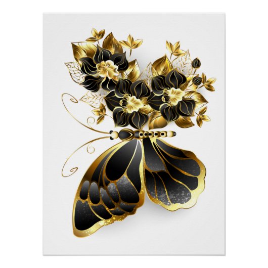 Poster Gold flower Butterfly with Black Orchid (Devant)