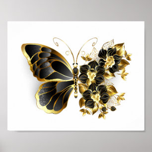 Poster Gold flower Butterfly with Black Orchid