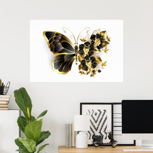 Poster Gold flower Butterfly with Black Orchid (Bureau à domicile)