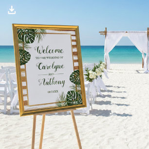 Poster Gold Foil & Green Palm Leaf Beach Mariage Bienvenu