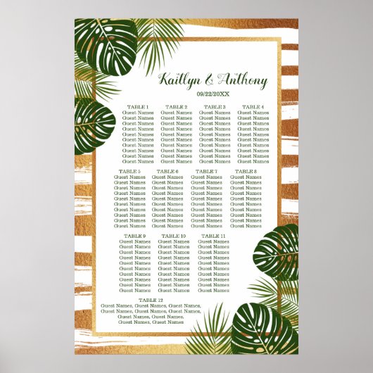 Poster Gold Foil & Green Palm Leaf Plage Siège de mariage (Devant)