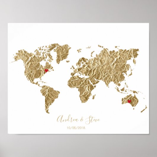 Poster Gold Foil World Map avec des coeurs amovibles coup (Devant)