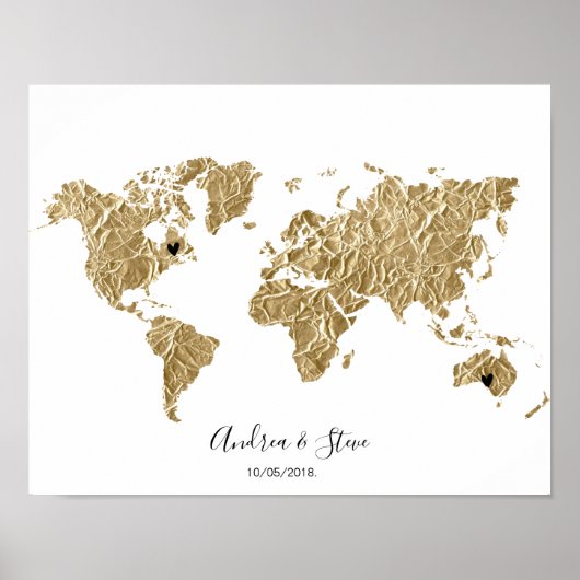 Poster Gold Foil World Map avec des coeurs amovibles coup (Devant)