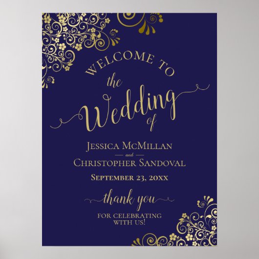 Poster Gold Frills on Navy Blue Elegant Wedding Welcome (Devant)