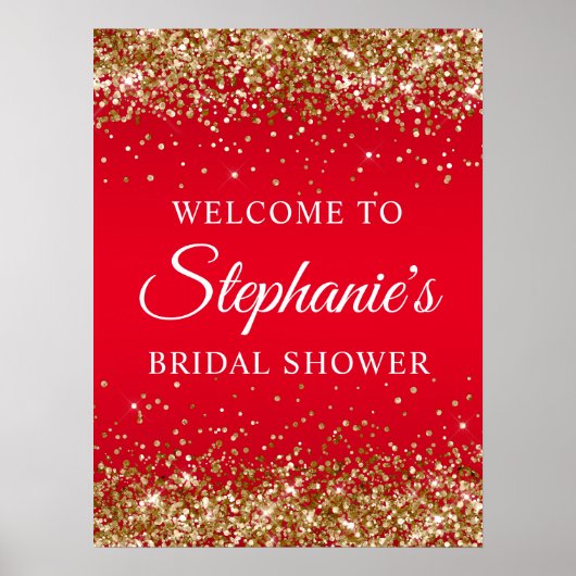 Poster Gold Glitter Red Bridal Shower Welcome (Devant)
