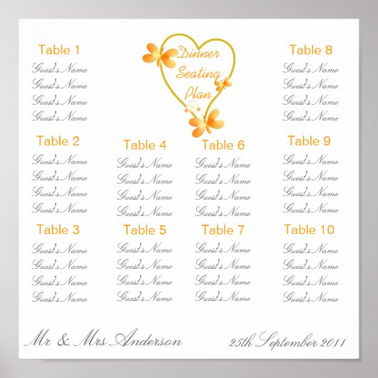 Poster Gold Heart And Butterflies Mariage Dîner assis (Devant)