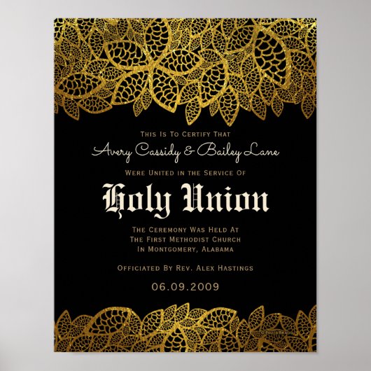 Poster Gold Lace Black Alternative Mariage Certificat (Devant)