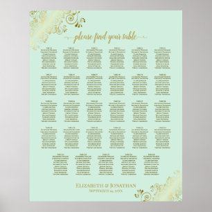 Poster Gold & Mint Green 29 Table Wedding Seating Chart