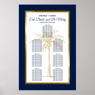 Poster Gold Navy Blue Palm Tropical Mariage Seating Chart