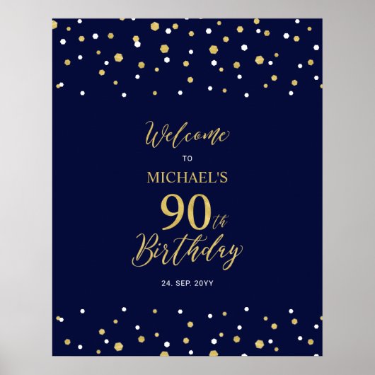 Poster Gold & Navy Confetti 90e anniversaire fête Bienven (Devant)