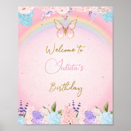 Poster Gold Pink Butterfly Birthday Welcome Sign (Devant)