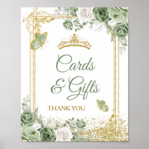 Poster Gold Quinceañera Sage Green Crown Cartes et cadeau