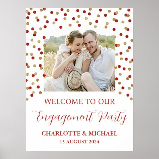 Poster Gold Red Engagement Party Personnalisé 18x24 Photo (Devant)