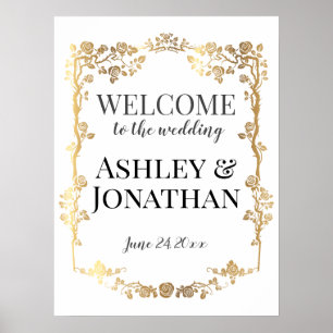 Poster Gold Roses Frame Wedding Welcome