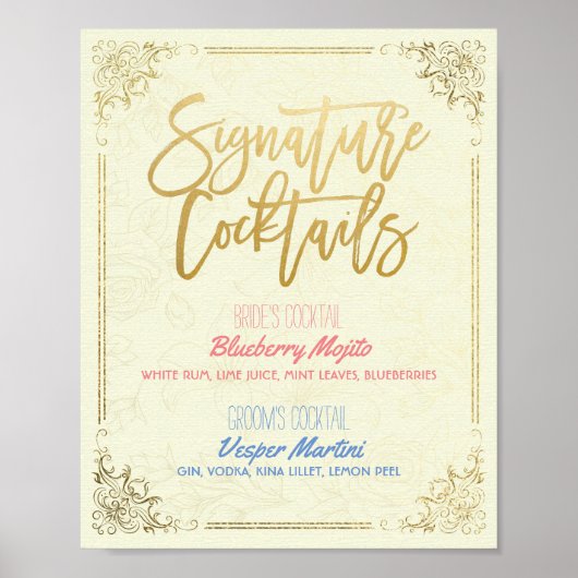 Poster Gold Script Mariage Signature Cocktail Menu Boisso (Devant)
