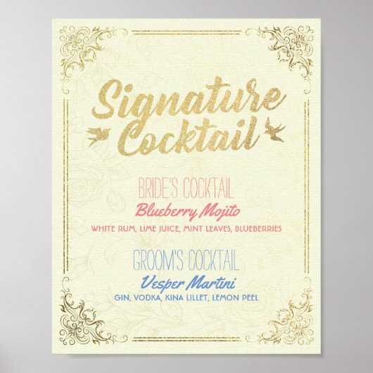 Poster Gold Script Mariage Signature Cocktail Menu Boisso (Devant)