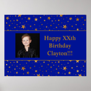 Poster Gold Stars Avec Photo Message Sur Blue Birthday