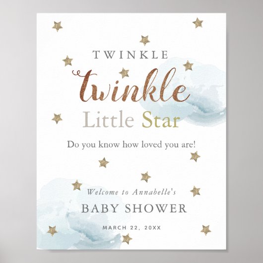 Poster Gold Stars & Blue Clouds Baby shower Bienvenue (Devant)