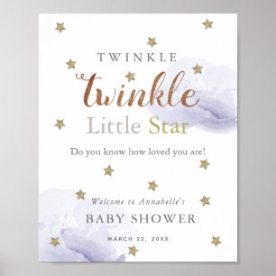 Poster Gold Stars & Lavender Clouds Baby shower Bienvenue
