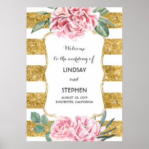 Poster Gold Stripes Floral Rose Blanc Mariage Bienvenue