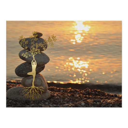 Poster Gold Tree Girl Silhouette Zen Stones, Coucher de s (Devant)