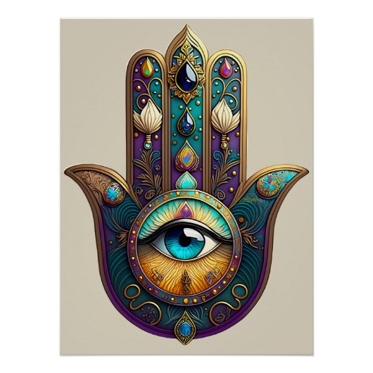 Poster Gold Violet Teal Hamsa w/ Turquoise Third Eye (Devant)