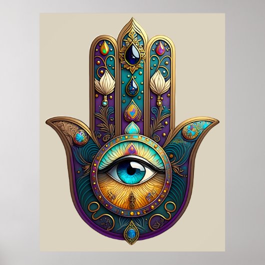 Poster Gold Violet Teal Hamsa w/ Turquoise Third Eye (Devant)