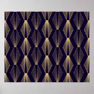 Poster Golden art Deco Pattern. Seamless dark blue backgr