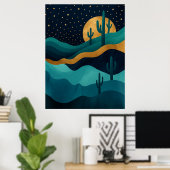 Poster Golden Desert Nightscape - Cactus Art Abstrait (Bureau à domicile)