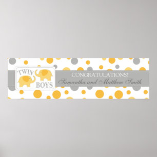 Poster Golden Dots & Elephants Twins Baby shower Bannière
