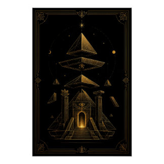 Poster Golden Egyptian Temple Portal and Floating Pyramid