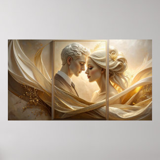 Poster Golden Embrace: Ethereal Couple Portrait in Silk a