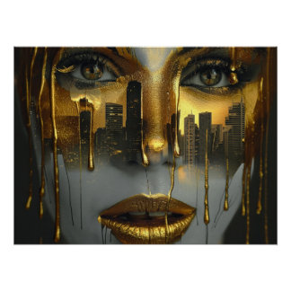 Poster Golden Face Surrealist City Urban Digital Art